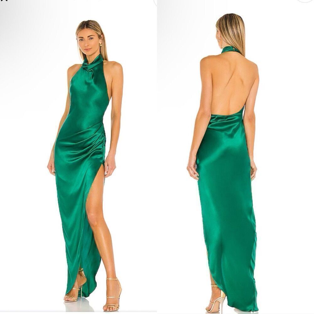 Amanda Uprichard Samba Gown Dress in Emerald Green 100% Silk REVOLVE $321 Size L